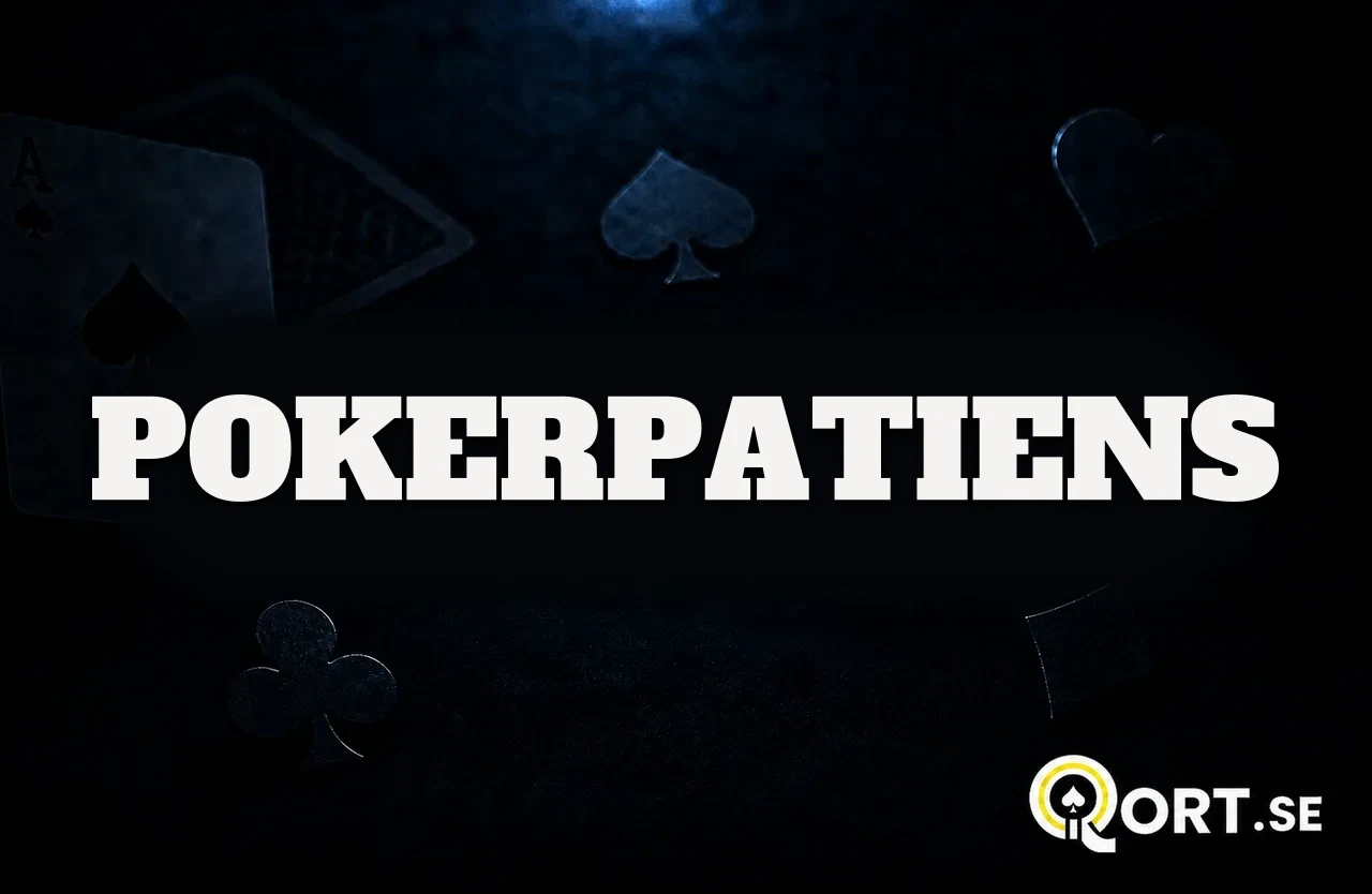 Mörkt kortbord med spelkort och färgsymboler och namnet Pokerpatiens
