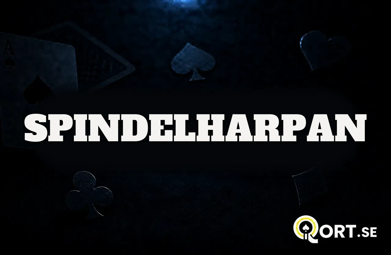 Mörkt kortbord med spelkort och färgsymboler och namnet Spindelharpan