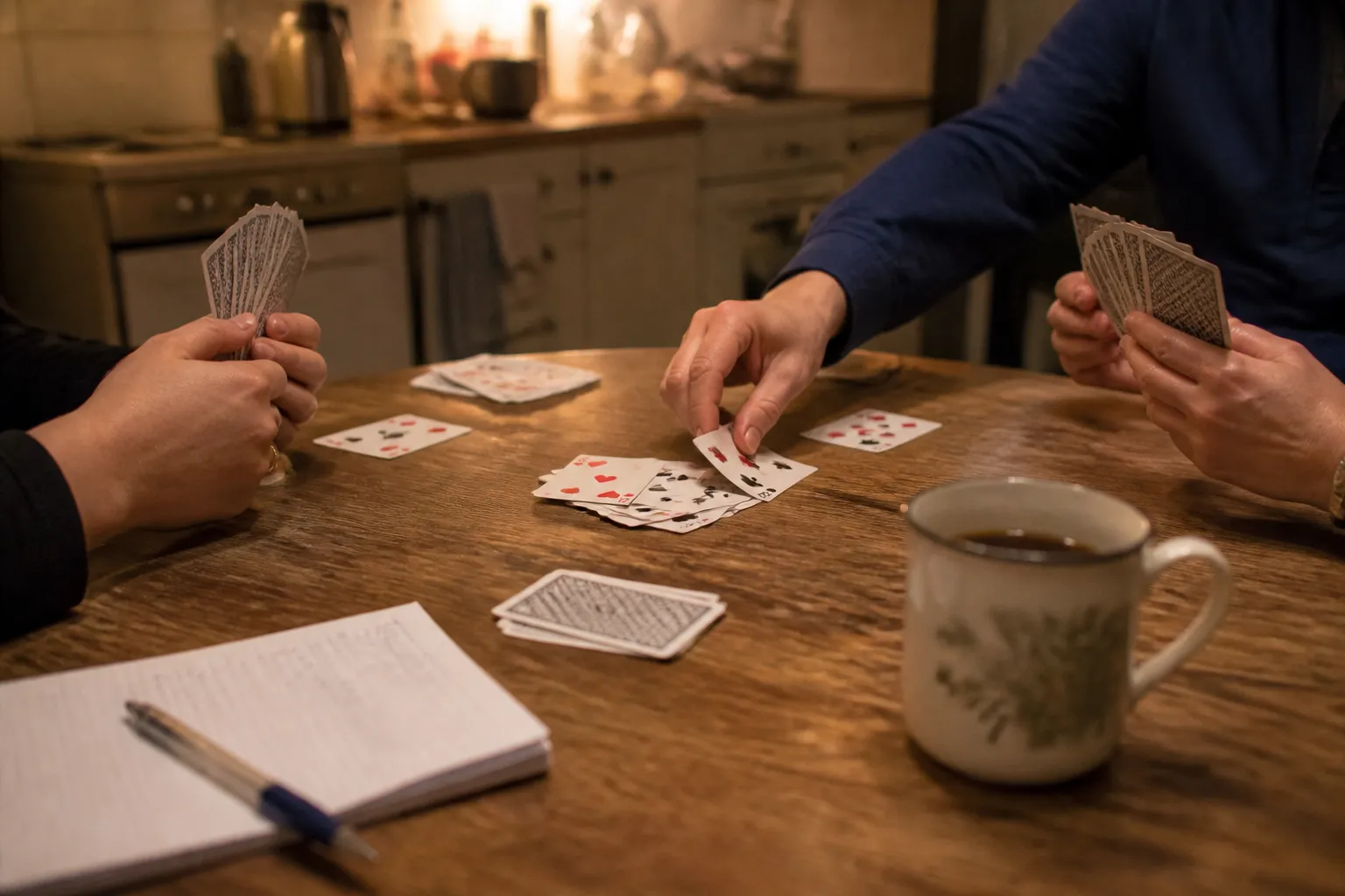 Två personer spelar kortspel vid ett köksbord med kaffekopp och anteckningsblock